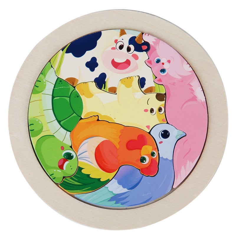 Wooden Children'S Animal Fruit Creative Three-Dimensional Round Jigsaw Puzzle Building Blocks Puzzle Tetris Building Blocks Toy - Image 1